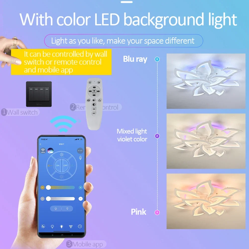 Candelabro de techo Led con luz de flores, iluminación de fondo con Control separado, decoración del hogar, dormitorio, sala de estar, comedor, cocina