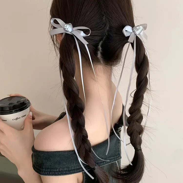

Женская резинка для волос, милый балетный стиль, серебряный цветок, бант, стример, заколка для волос, двойной хвост, головной убор, маленькая заколка, аксессуары для волос
