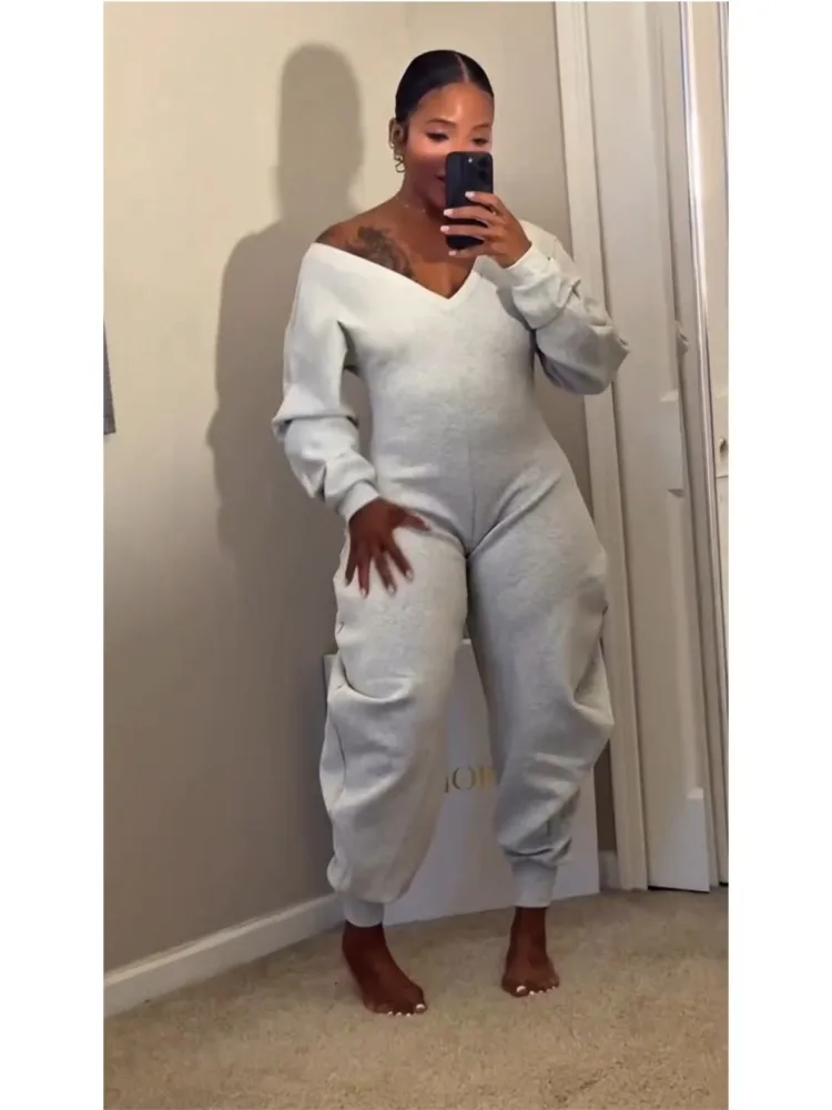 

Women's V-neck Loose Jumpsuits Autumn Winter Fashion Solid Color Long Sleeve Female One Piece Set Lady Casual Fitness Streetwear