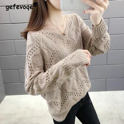 Spring Autumn Korean Style Sweet Solid V-neck Hollow Out Jumper Women Elegant Fashion All-match Pullover Sweater Female Clothes