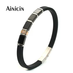 Fashion Men's Black Rubber Bracelets 6mm Wide Adjustable Bangles Stainless Steel Zircon CZ Setting Business Gift Jewelry