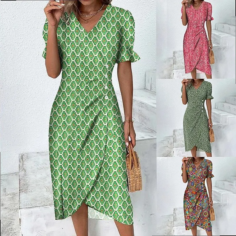 Geometric Patchwork Bubble Sleeve Irregular Hem Dress Jumpsuit Playsuit Summer Spring