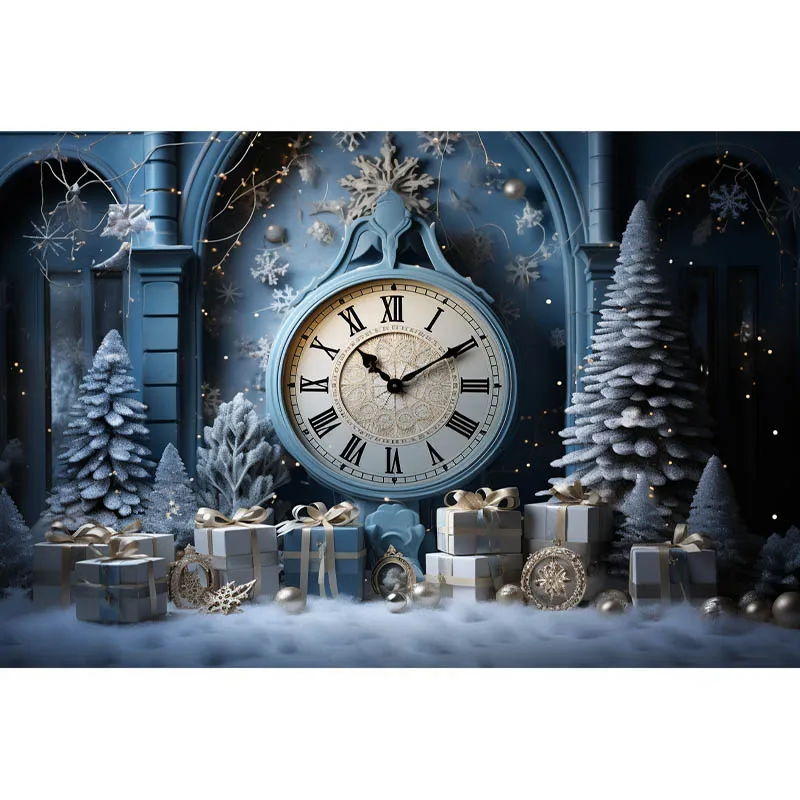 Christmas Clock Backdrop Celebrate New Year Party Banner Xmas Tree Snowflakes Gift Boxes Decoration Backgrounds Photo Studio