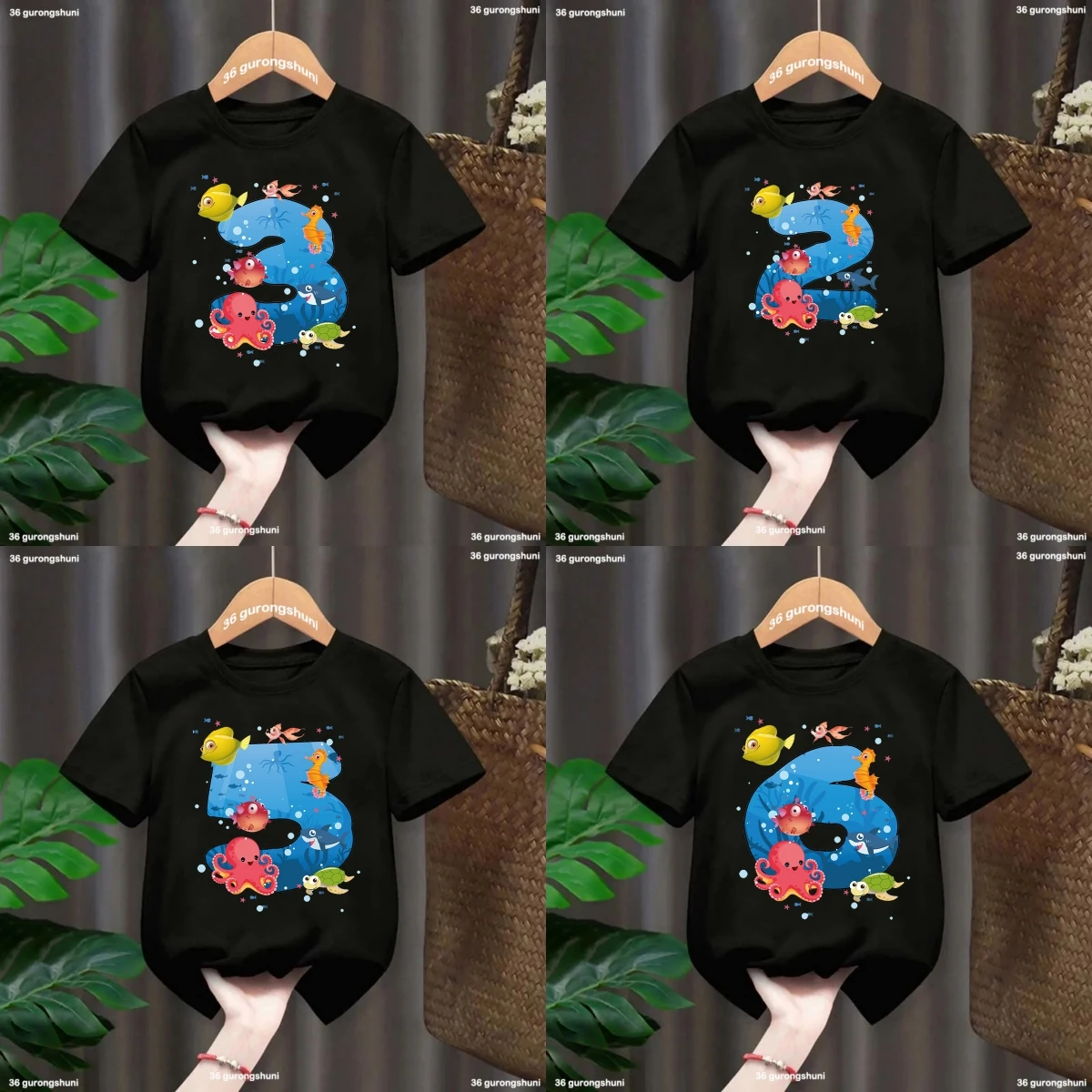 Camiseta Kawaii de animales marinos para niño y niña, ropa Unisex de calamar, sepia, 2, 3, 5, 6 °, regalo de feliz cumpleaños, novedad