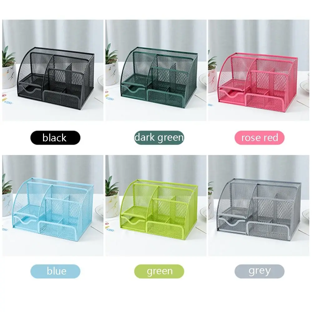 Creative Multi Grid Pen Holder Metal Mesh Multi-functional Desk Organizer 1 Drawer 6 Compartments Sundries Storage Box