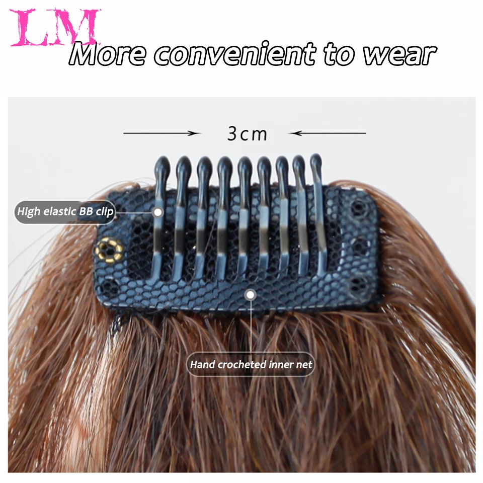 LM-flequillo de pelo liso rizado para mujer, Clip de estilo Natural, negro, marrón oscuro, marrón claro, fibra sintética resistente al calor,