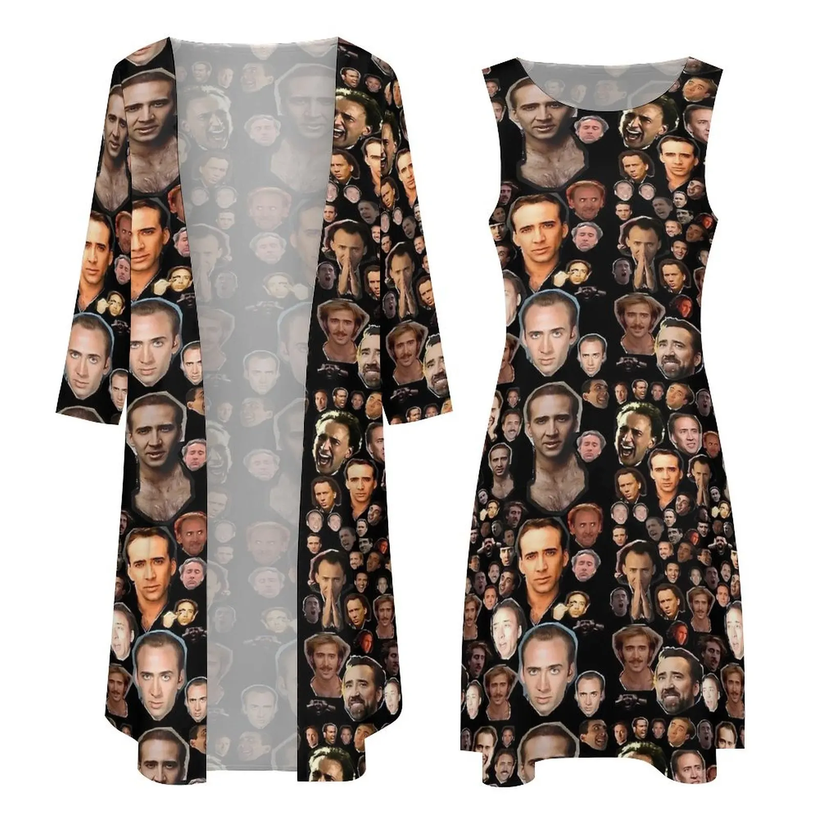 Nicholas Cage Faces Kleid Langarm Street Style Boho Strand Lange Kleider Frau Kawaii Maxikleid Geschenkidee