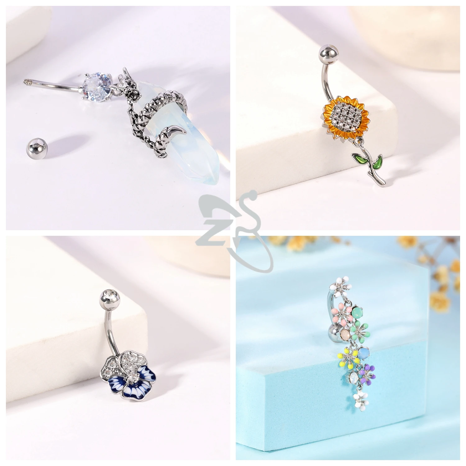 AOEDEJ 1 PC Stainless Steel Belly Button Rings Silver Color CZ Crystal Pendant Bellys Piercing Women Sunflower Navel Piercings