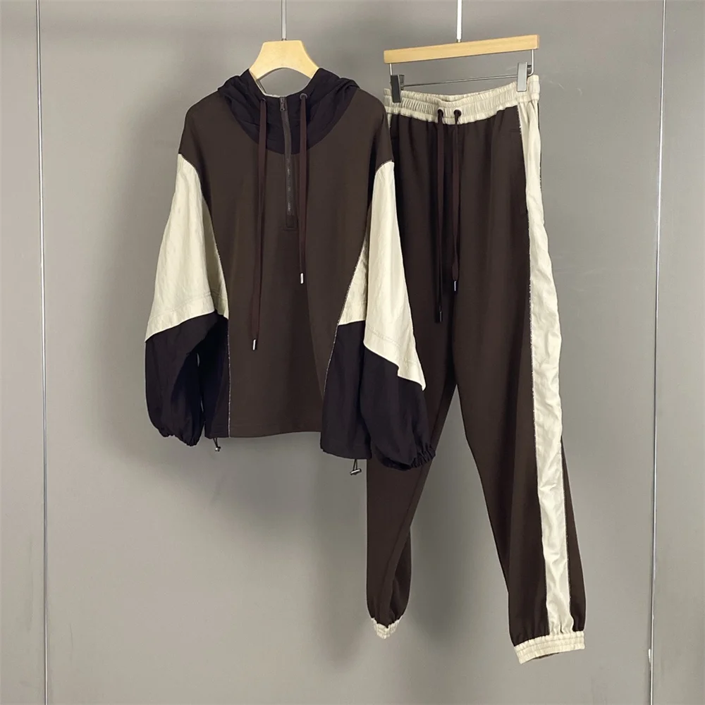 Casual Sports suit Hooded Sweatshirt Jacket+ Drawstring High Waist Sweatpants Trousers Women 2-piece set