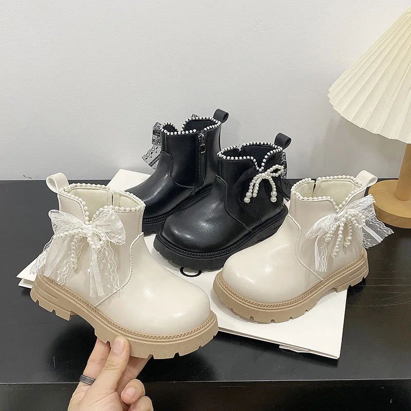 2026 Autumn Winter Baby Kids Short Boots Girls Pearl Bow Shoes Pu Leather Children Boots Fashion Toddler Boots Kids Snow Shoes