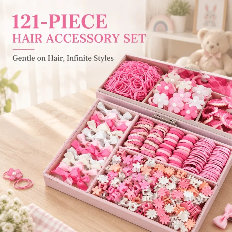 121Pcs Girls Hair Accessories Set Pink Bow Hair Clips Flower Elastic Hair Ties Kids Hairpins Ponytail Holder Hair Gift Set