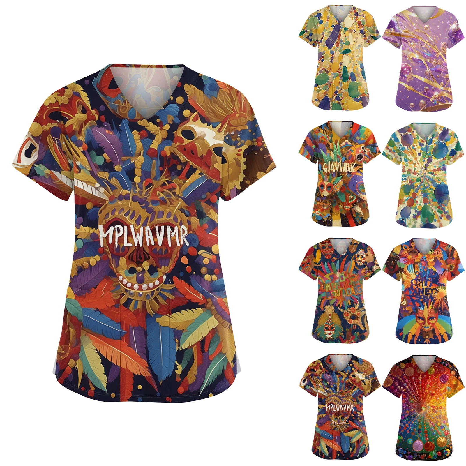 Carnaval Verpleegstersuniformen Polyestervezel Bedrukt Korte mouwen V-hals Tops Dames Bedrukt Zaktop Basic Trui Modieus Dagelijks