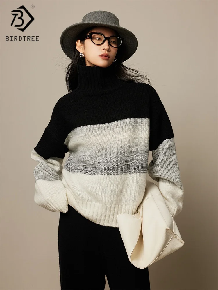 

Birdtree, вязаный свитер из 100% овечьей шерсти, женская водолазка с цветными блоками, нижний трикотаж, осенний базовый пуловер 2025 T5O619JF
