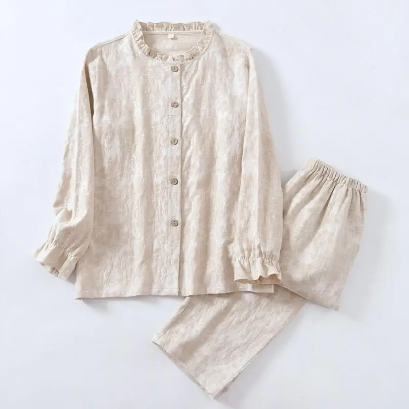 

New Hot Womens Cotton Linen Pajama Set Cotton Linen Women Homewear All Seasons Ruffled Collar Pure Cotton Long Sleeve Long Pants