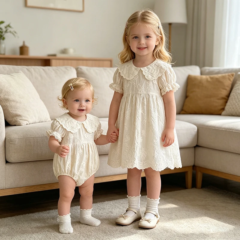2026 Sommer-Schwesternkleid für Mädchen, Neu, 2-6 Jahre, Kurzarmkleid, Baby-Mädchen-Strampler 0-24 Monate, Mädchen-Baby-Strampler mit süßer Stickerei