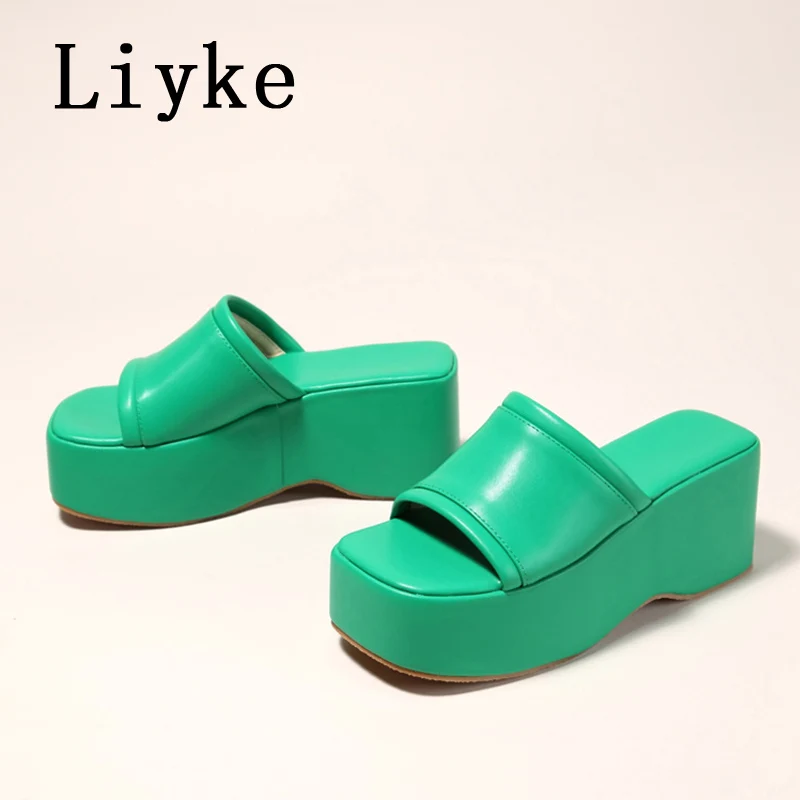 Liyke Punk Open Toe Platform High Heels Beach Slippers Female Summer Orange Green Wedges Shoes For Women Sandals Flip Flops