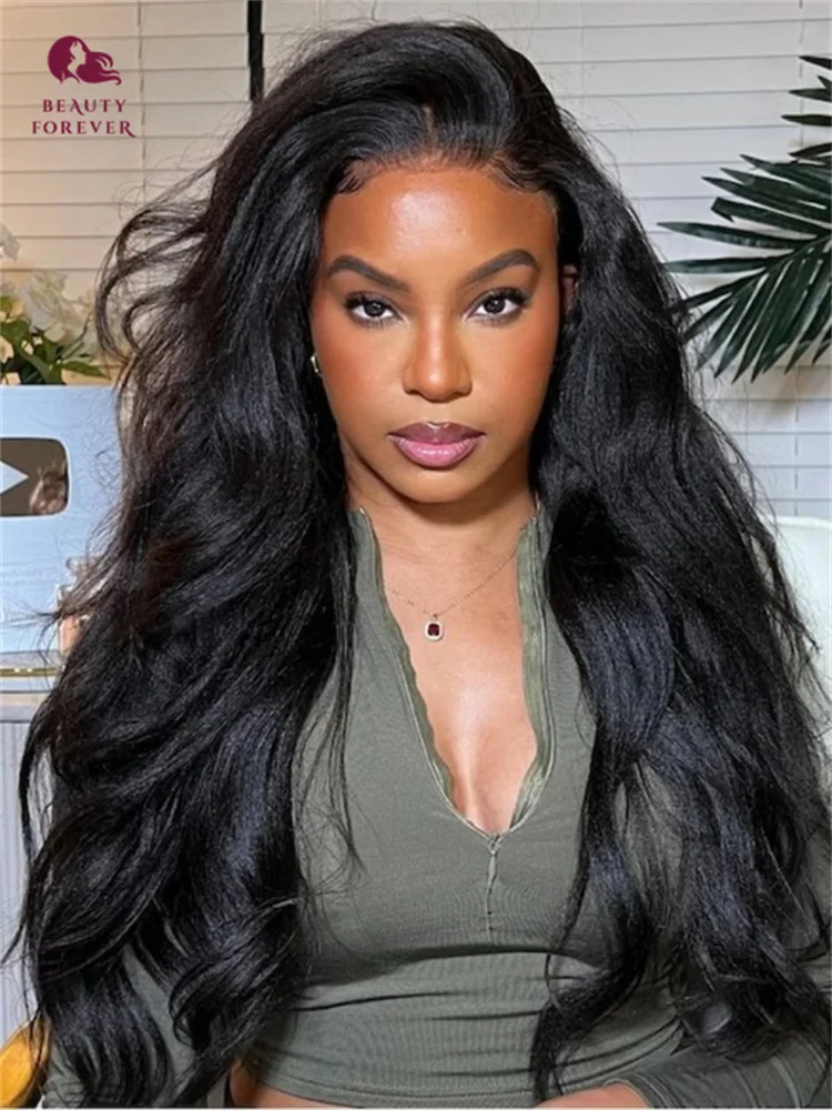 Beautyforever Wig Rambut Manusia Tanpa Lem Yaki Bergelombang Poni Potongan Lapisan Renda Pra Potong 7X5 Wig Tanpa Lem Simpul Bye Bye Rambut Manusia 180%