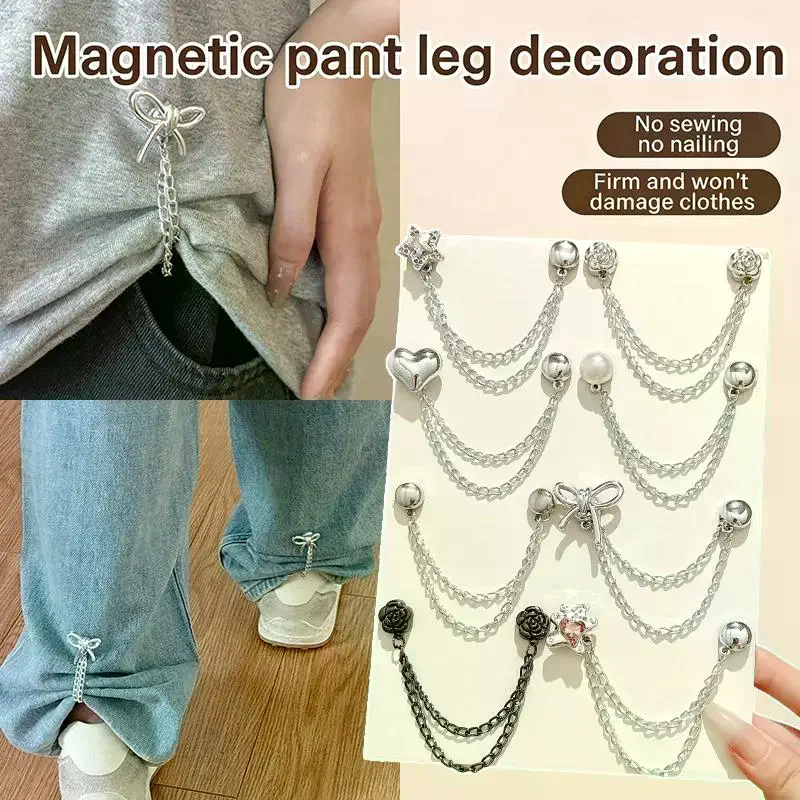 2pcs Multi-Function Magnetic Clothing Clip With Chain Metal Jean Buttons Clip Clothes Scarf Trouser Legs Cuff Fixing Magnet Pins