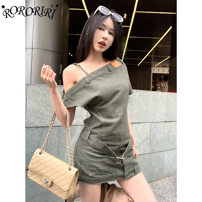 فستان قصير من RORORIRI Grayu مكشوف الأكتاف من قماش الدنيم للنساء بحزام عادي رأسًا على عقب فستان قصير ضيق ملابس خروج عتيقة #1