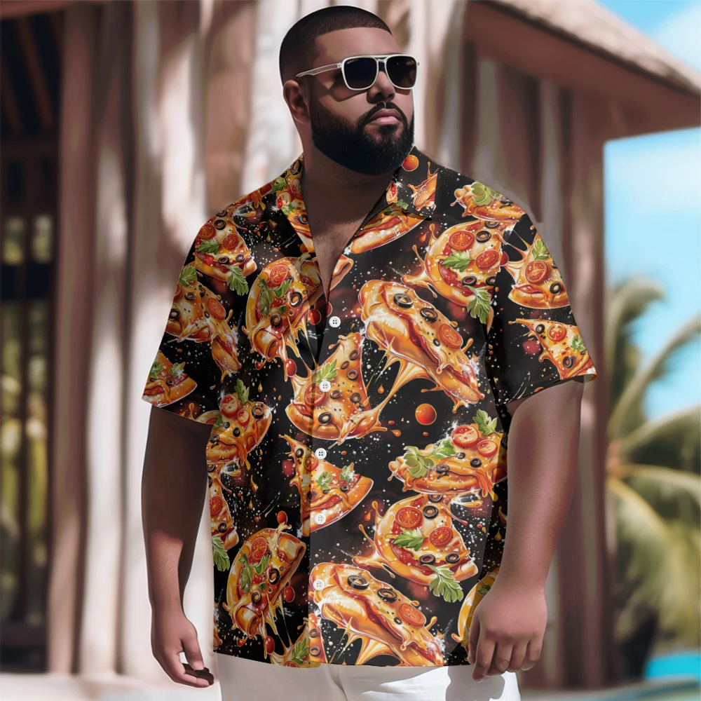 

New Hawaiian Shirt Men Goth Men Cartoon Pizza Printed Casual Short Sleeve Tops Vintage Plus Size Summer Shirts