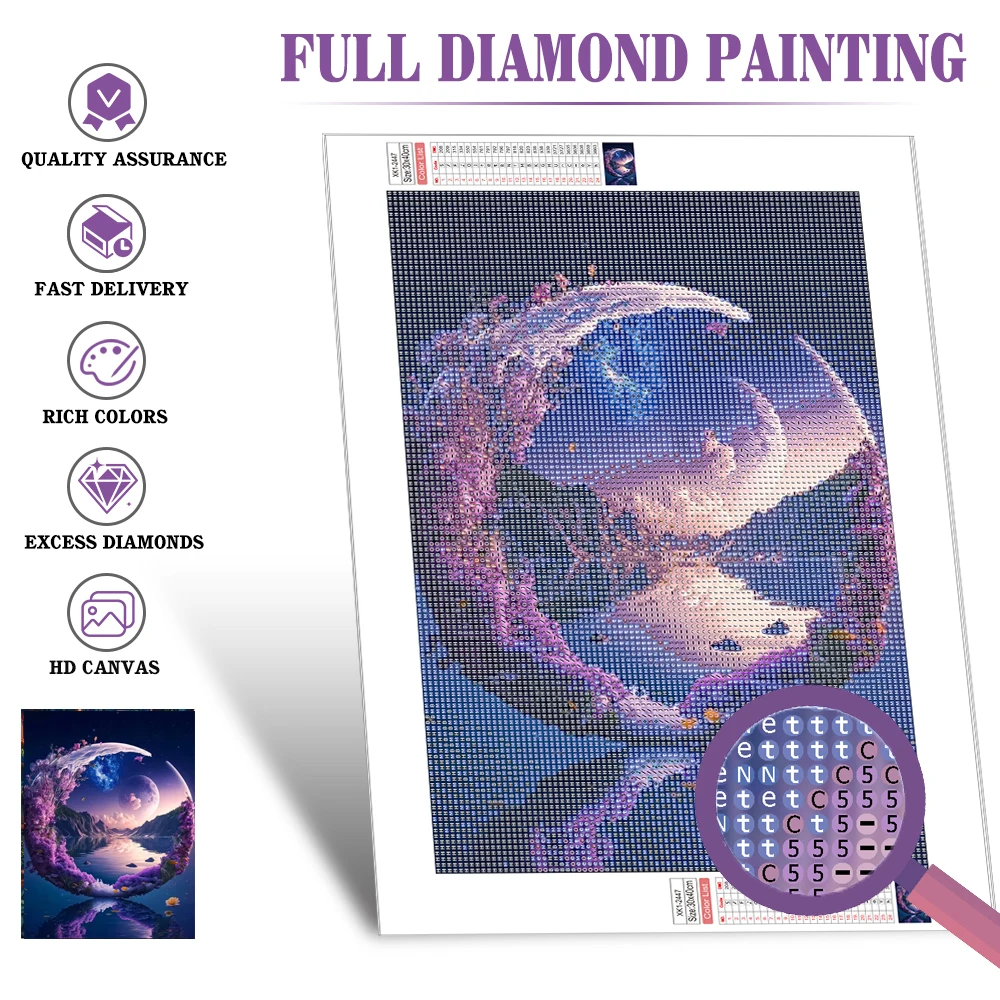 Huacan 5d Diamond Mosaic Landscape Moon Diy Painting Mountain Full Embrpoidery Flower Home Decor Rhinestone Pictures
