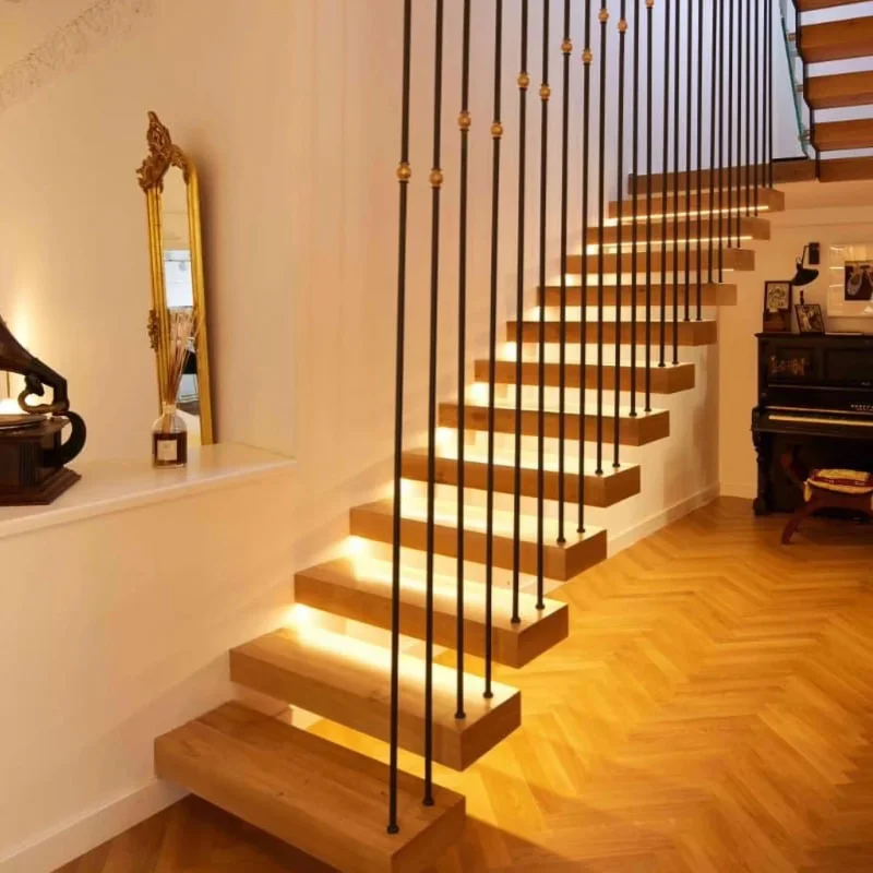 custom.Interior Customized Floating Staircase With Solid Wood Step and Sensor LED Lighting