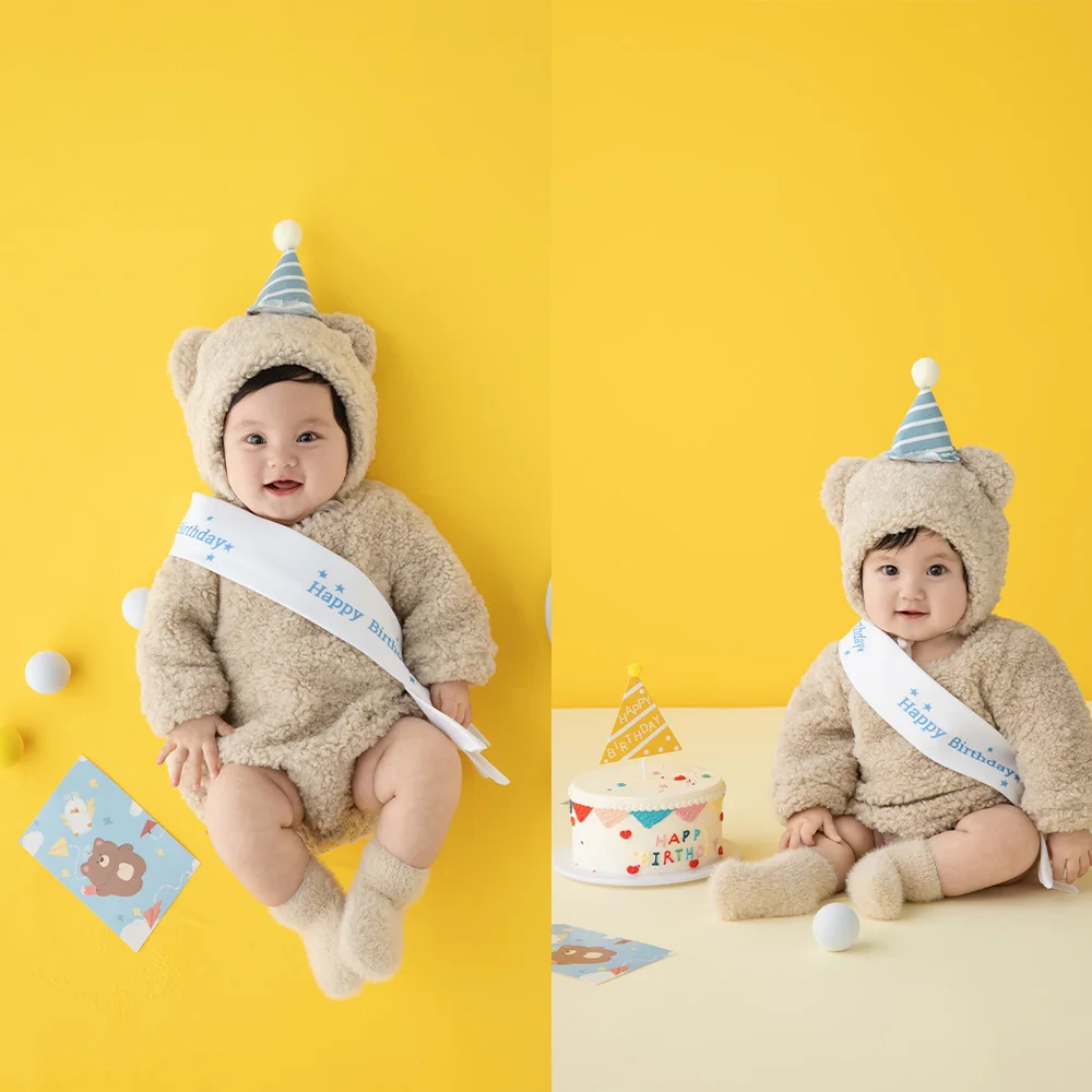 

100 Days Baby Bear Outfit For Photography Birthday Theme Clothing Cute Wool Knit Jumpsuit Bear Hat Studio Photoshoot Photo Props