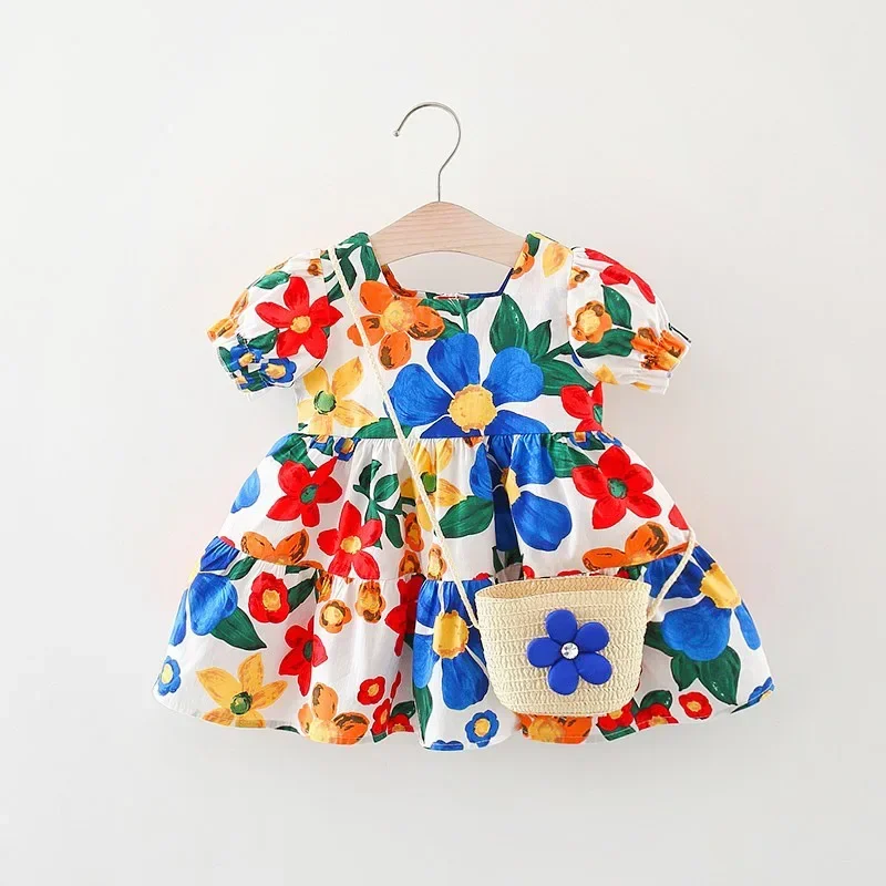 Girls' Dress Summer Children's Clothing New Children's Dot Cute Dress Tropical Printed Short Sleeved Cotton Cute Skirt Strap Bag