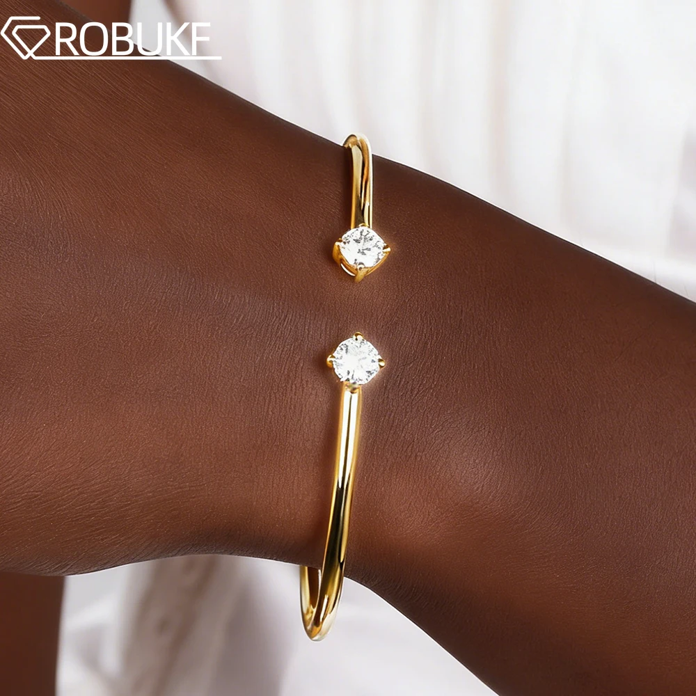 18K Gold Plated Two Stone Full Moissanite Cuff Bangle for Women Round Cut Lab Diamond Stacking Bracelet S925 Silver Jewelry Gift