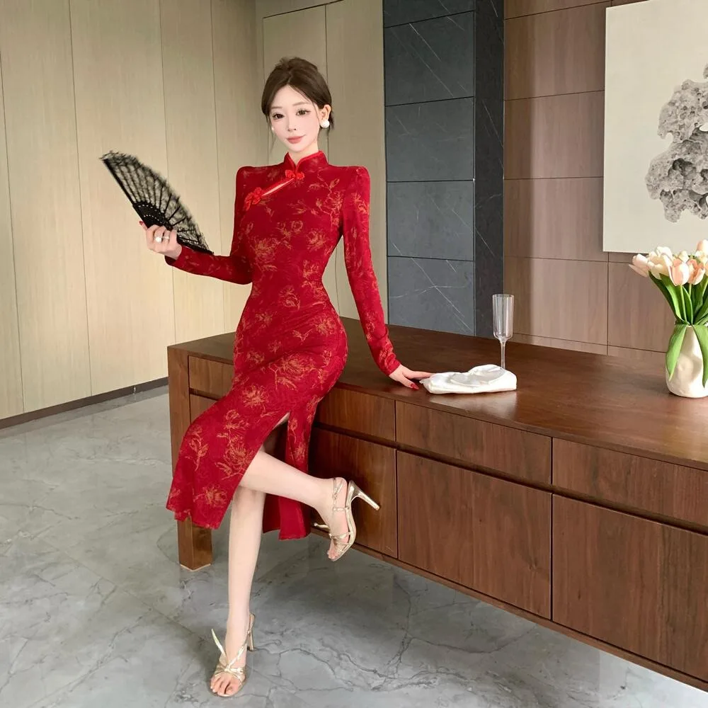 فستان Ele Red Reformed Ultra Slim Fit Vintage Sle Long Sve Dr للشابات بطبعة زهور صينية