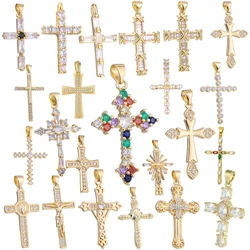 Juya DIY 18K Real Gold Plated Wholesale Christian Cross Charms For Handmade Christmas Religious Rosary Pendant Jewelry Making