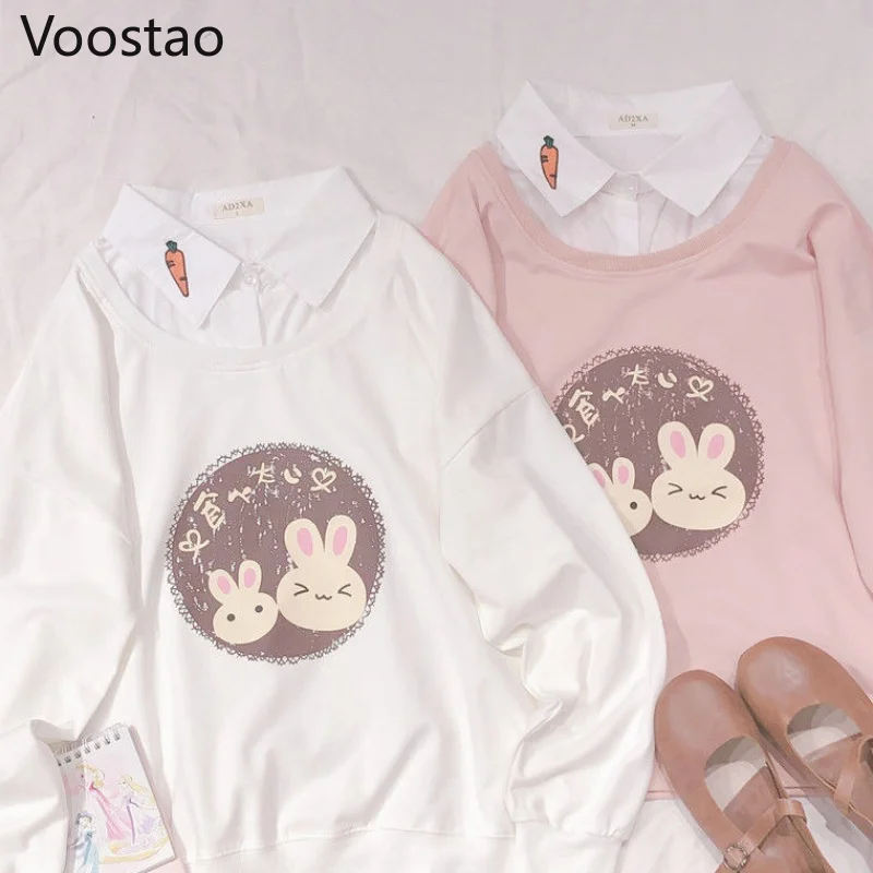 Sweet Loose Lolita Sweatshirt Spring Women Cute Fake Two Pieces Korean Cartoon Rabbit Print Hoodies Girly Autumn Pullover Tops