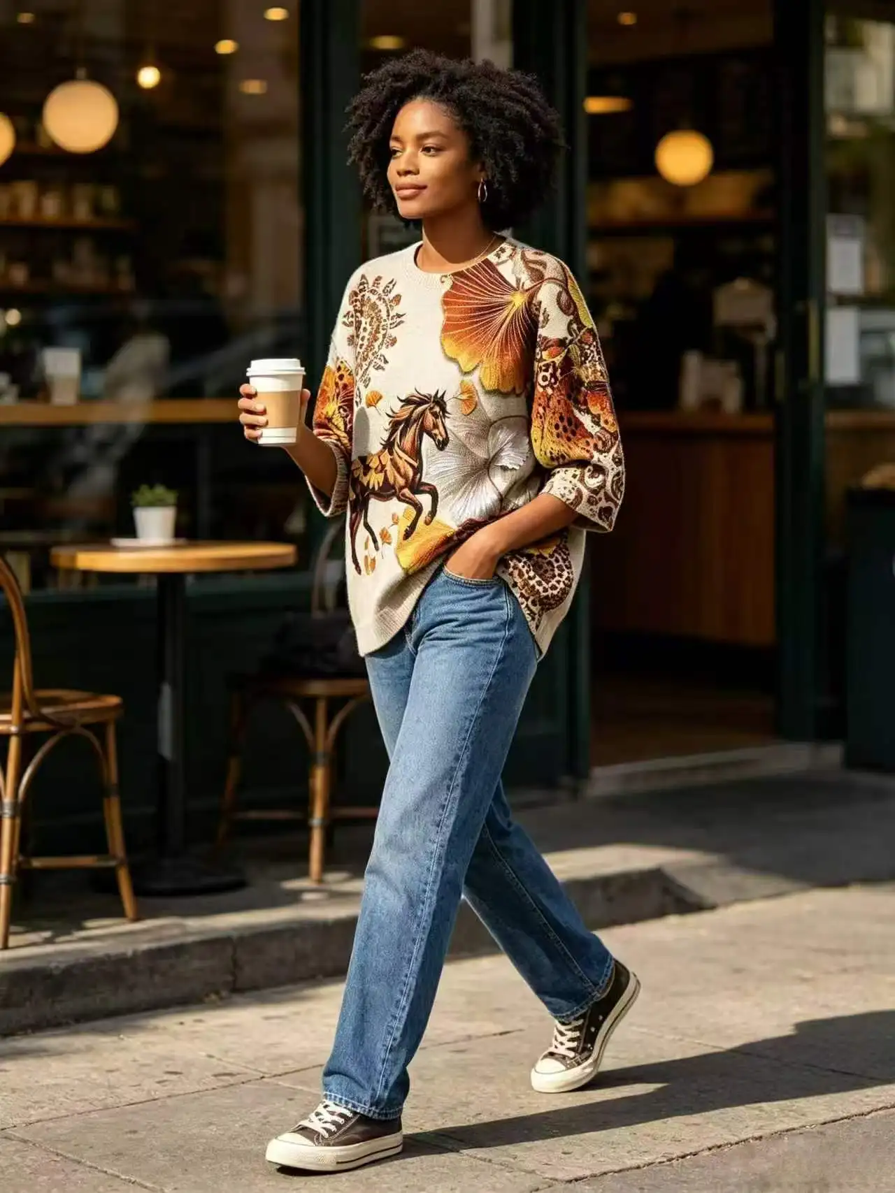 Fashion Printed Knit Women's Top—Perfect for Daily Commuting: Loose-Fit Crew-Neck Sweater with Openwork Three-Quarter Sleeves