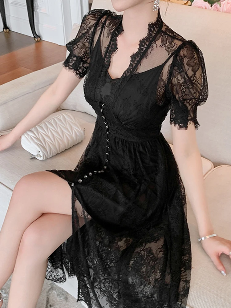 Zomer Maxi Jurk 2023 Vrouwen Sexy Black Sheer See Through Kant Bladerdeeg Mouw Single Breasted Lady Robe Party Vakantie Strand vestido