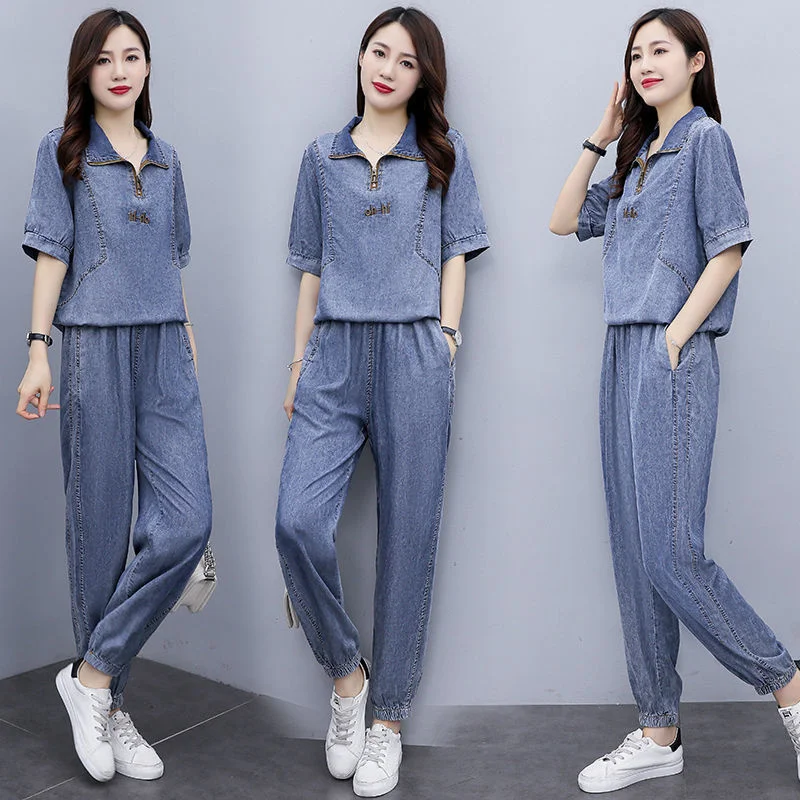 Denim Suit Women 2024 New Summer Cowboy 2 Piece Set Korean Fashion office Denim Outfit Female Casual Ladies Jeans Two-Piece