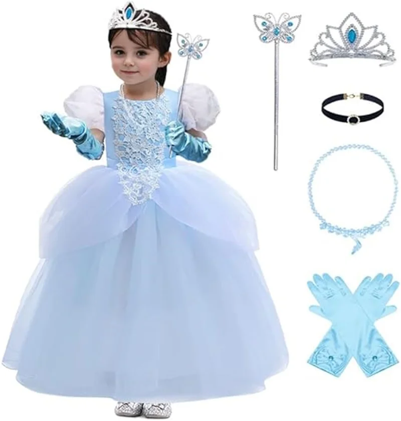 

Cinderella Princess Dress Girls Carnival Costume Toddler Kids Flower Puffy Sleeve Blue Ball Gown Fancy Halloween Birthday Outfit