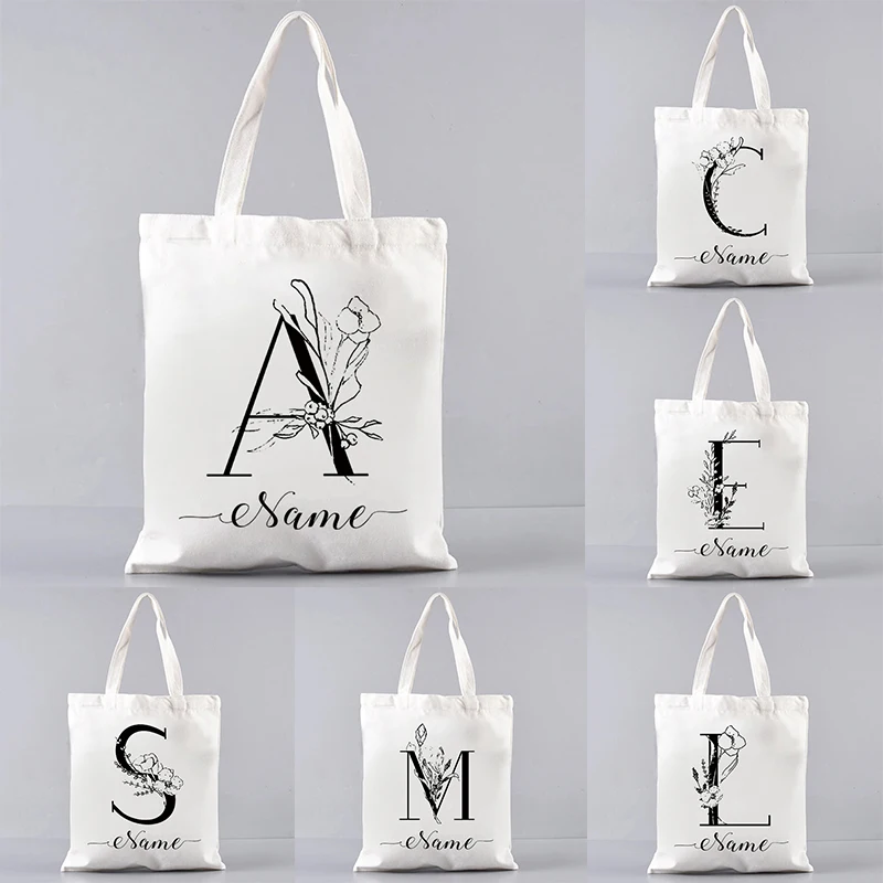 Portable Shopping Bag With Initial Name Customization Shopper Handbag Customizable Tote Bag Canvas Fabric Bags Ecobag Cloth Eco