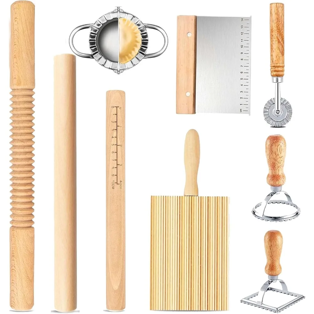 

Инструменты для изготовления макаронных изделий, набор для изготовления деревянных макарон с 3 качающимися штифтами, доска для нью, резак для теста, резак для равиоли, 2 штампа для макарон, макароны