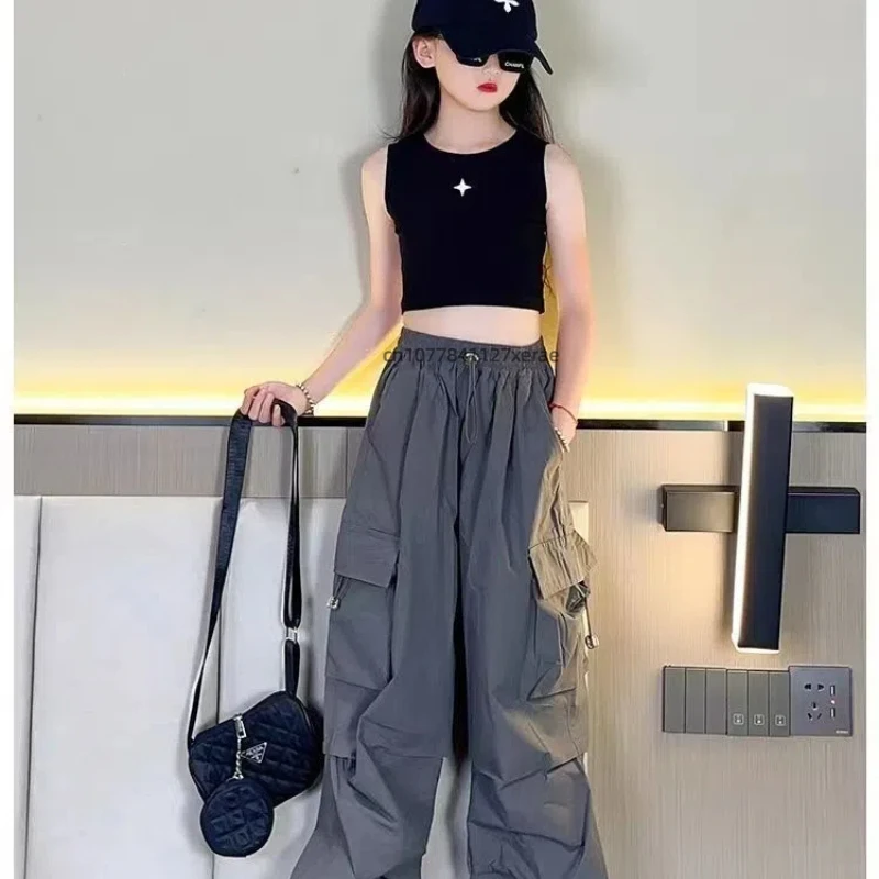 2025 남아 여아 스트릿 댄스 힙합 스타일 작업 바지 여름 중대형 아동 캐주얼 루즈핏 밴딩 바지