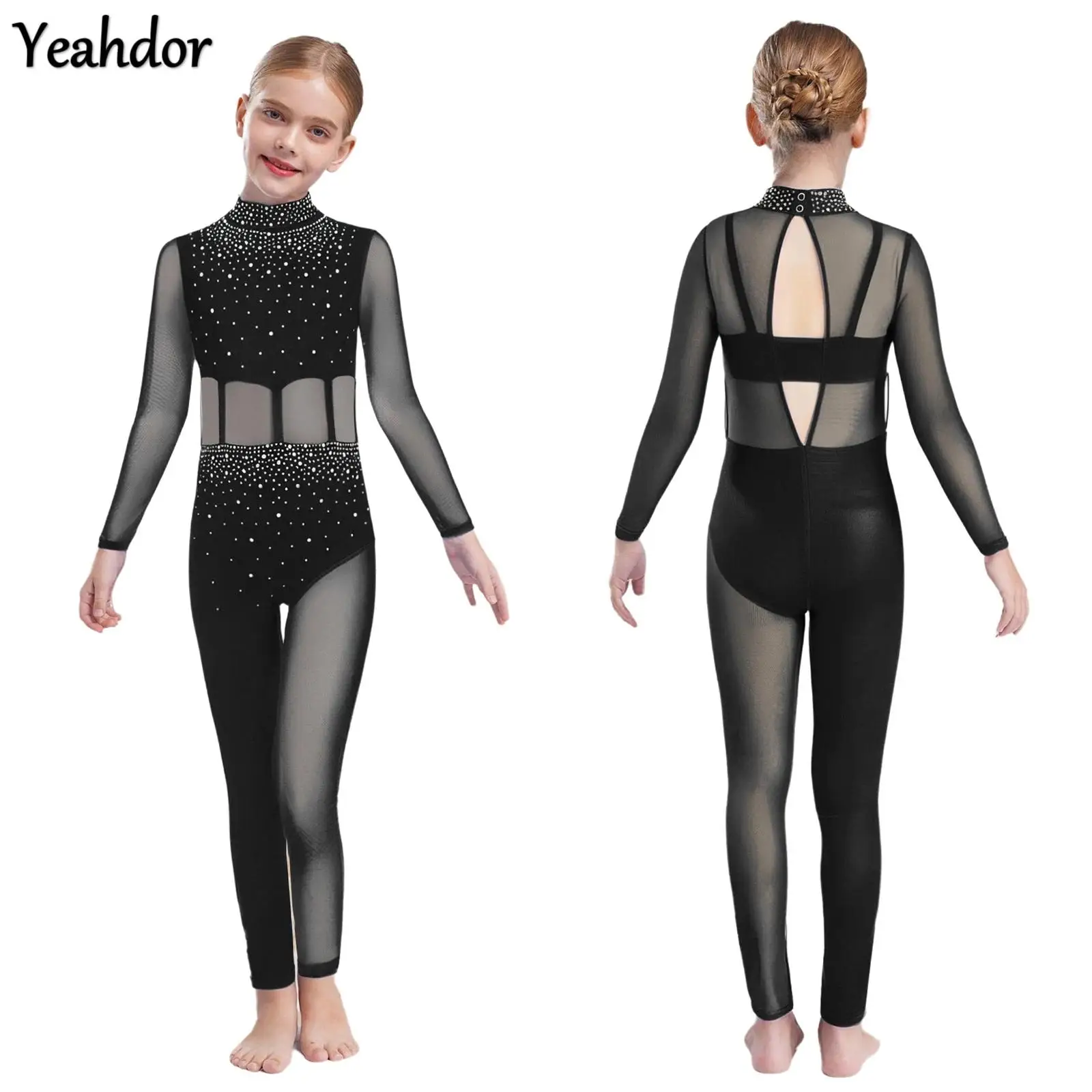 

Girls Figure Skating Dance Costume Gymnastics Leotards Jumpsuit Mock Neck Long Sleeve Sheer Mesh Sparkly Rhinestones Bodysuits