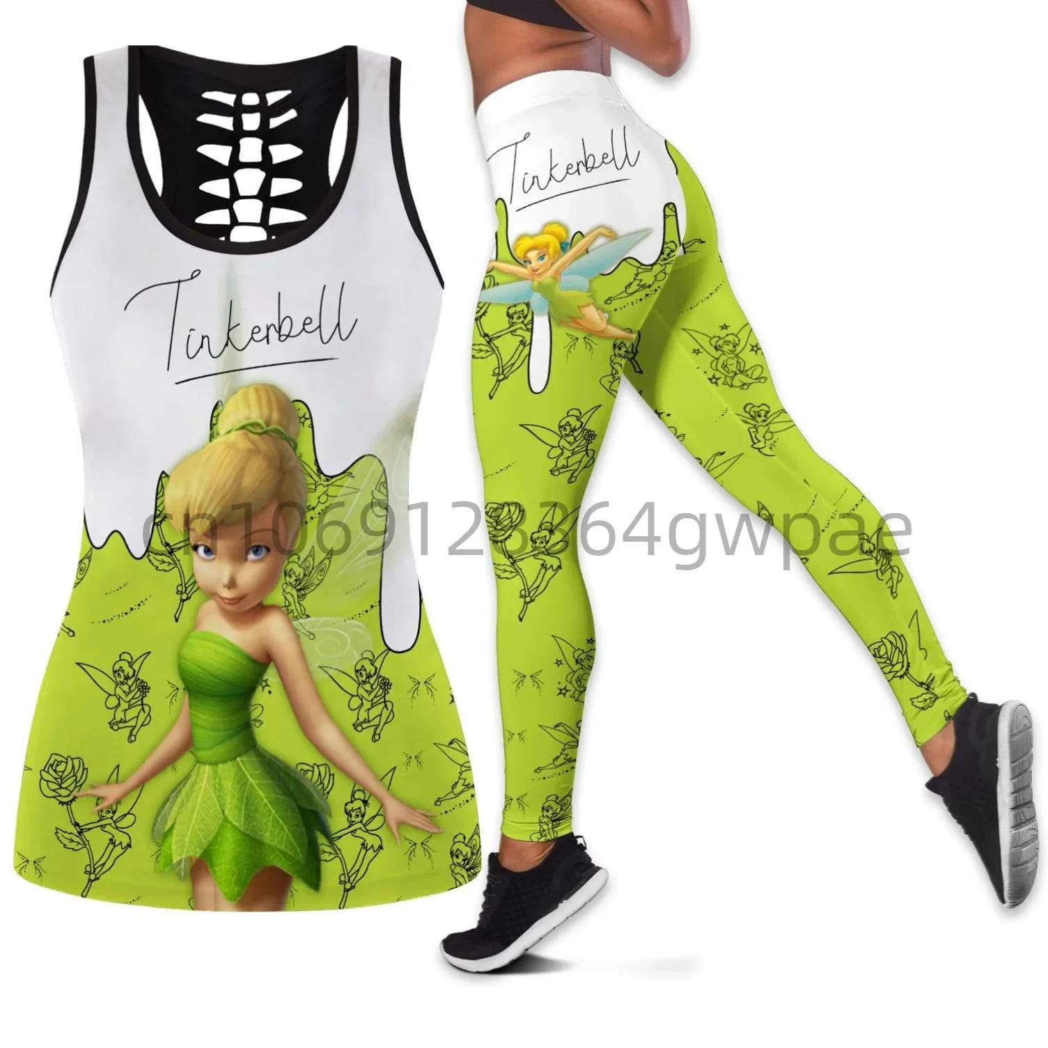 Tinker Bell Women's Cutout Tank Top Leggings Yoga Set Summer Fitness Leggings Tracksuit Disney Hollow Tank Top Leggings Set