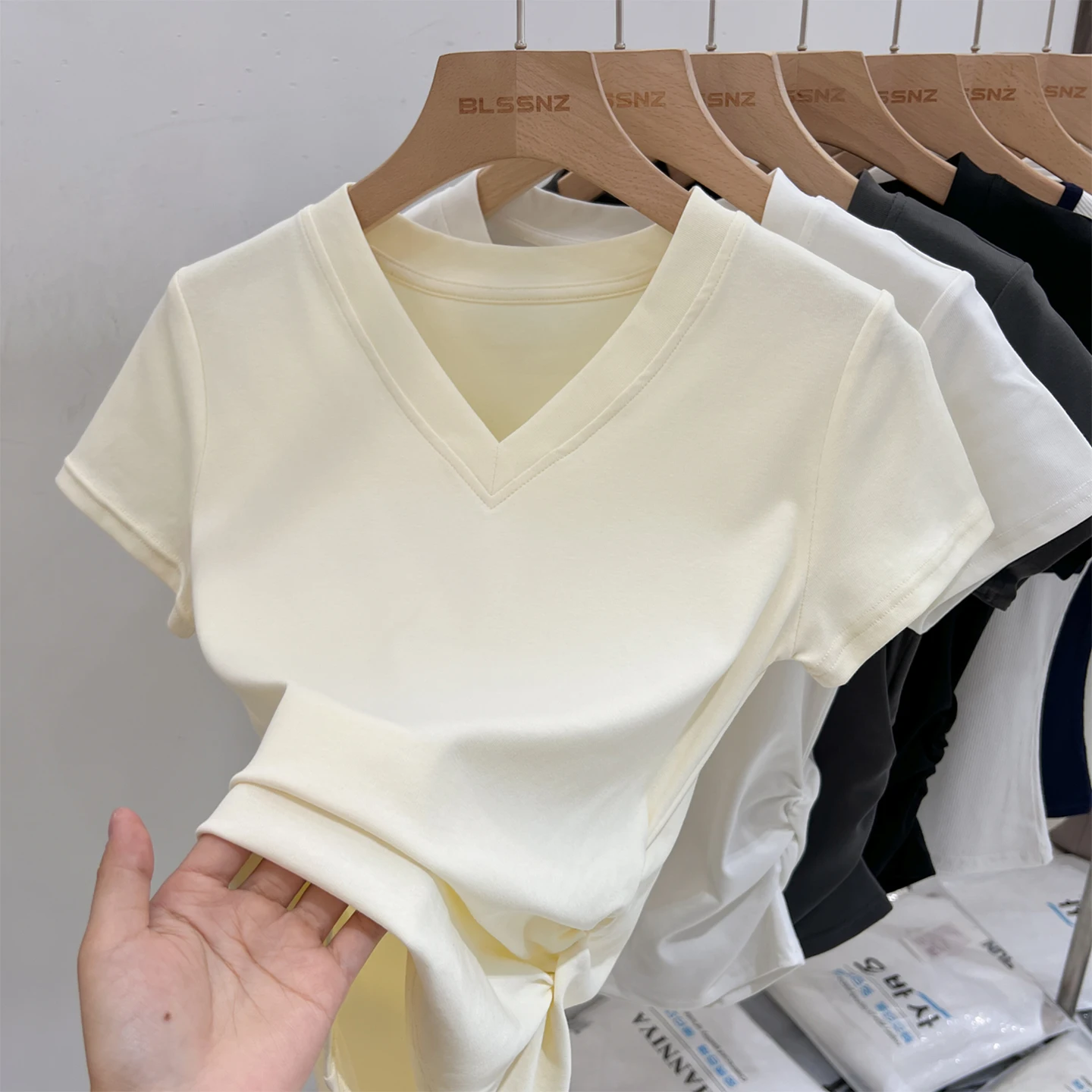 AOSSVIAO Women Short Sleeve T-shirts Casual V-Neck Solid Slim Tee Summer 2025 Simple Versatile T Shirt Female Y2K Tops Clothes