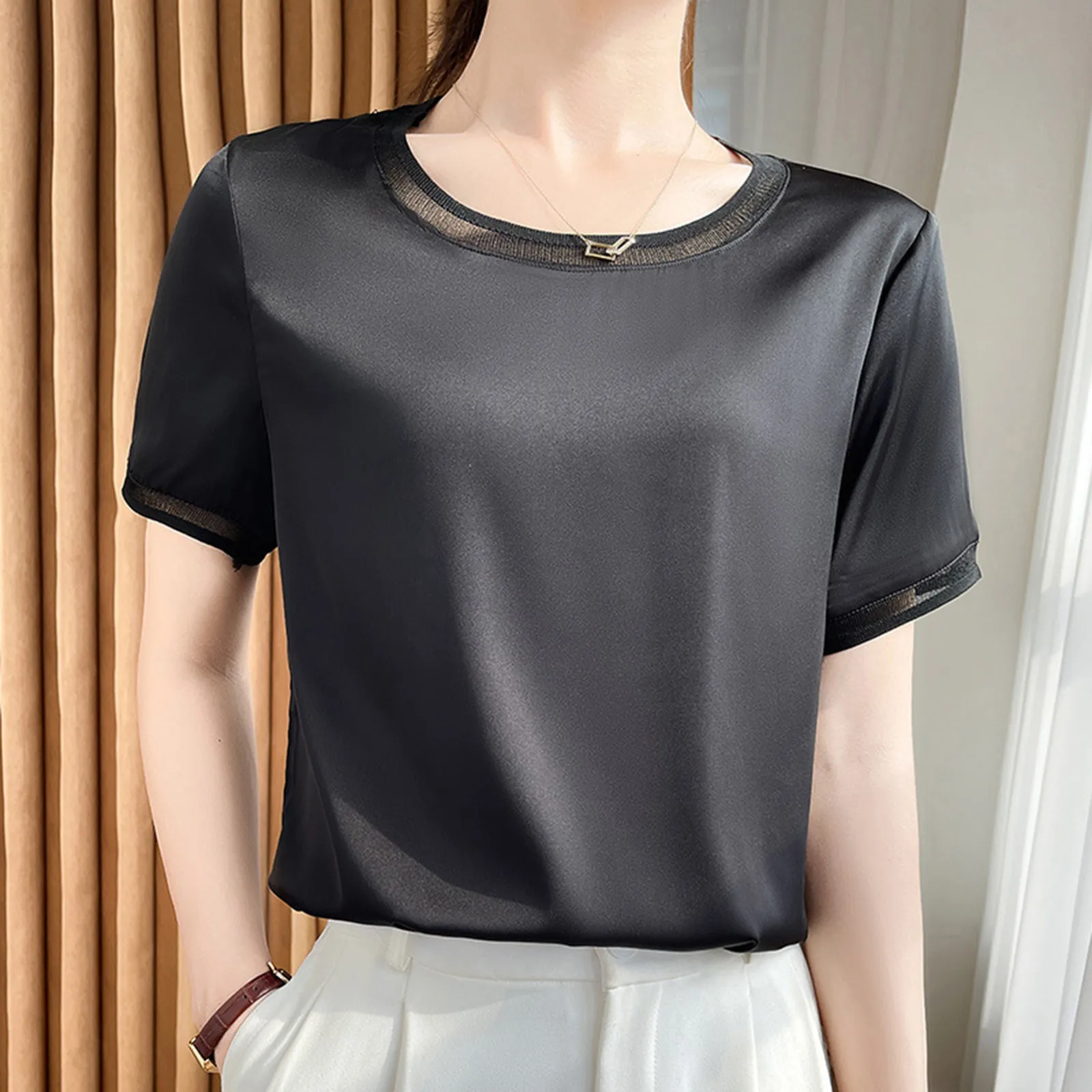 Summer Short Sleeve Women\'s T Shirt New Fashion Simulation Silk Satin Short Sleeve T Shirt Mesh Splicing V Neck Solid Color Tops