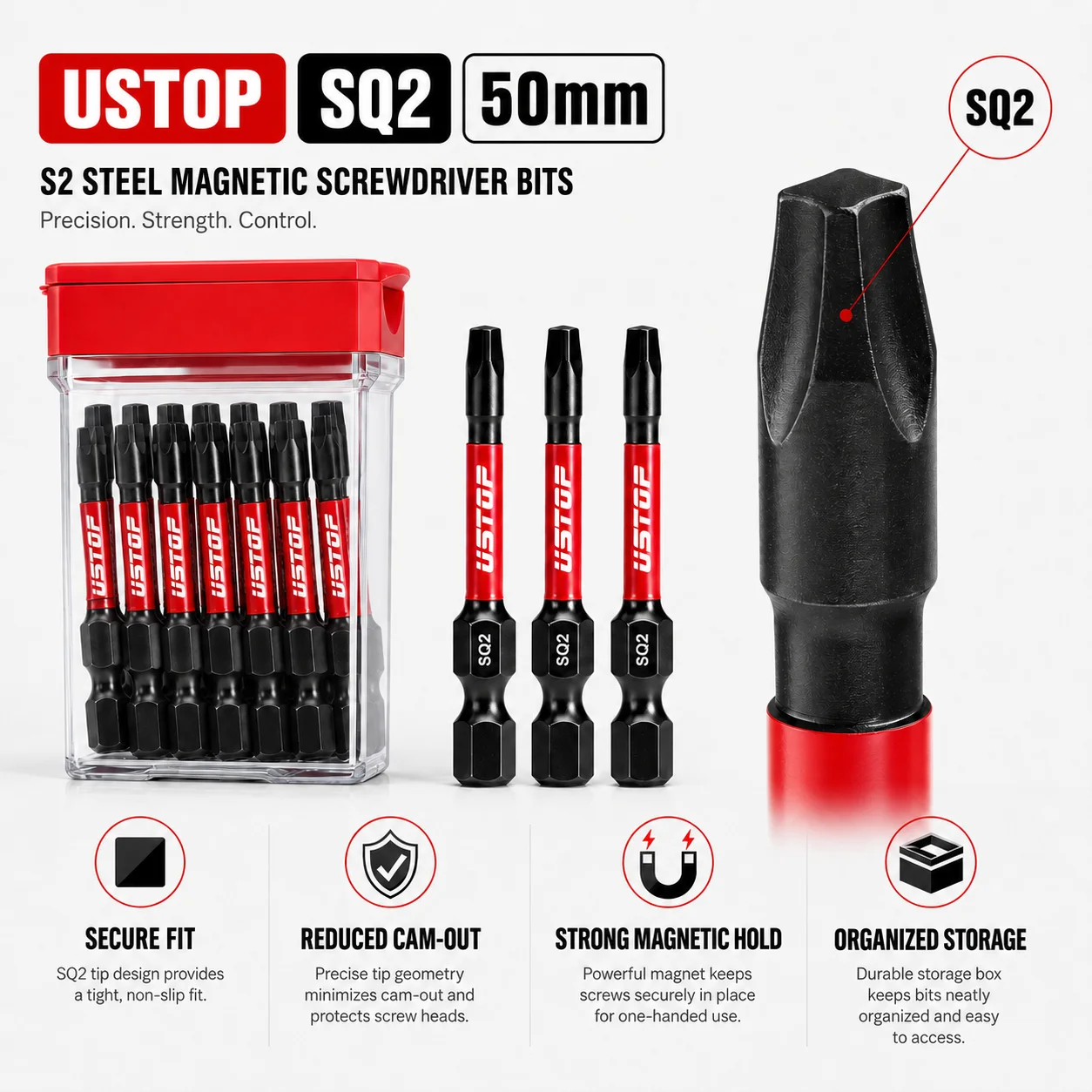 15-teiliges SQ2 Magnetisches Schraubendreher-Bit-Set 50mm S2 Stahl 1/4 Zoll Sechskant-Schraubendreher-Bits mit Aufbewahrungsbox für Holzbearbeitung und Haushaltsreparaturen – Detail 2