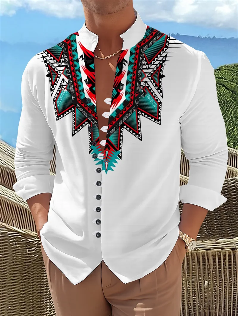 New Retro Tribal Style Contrasting Printed Shirt Men's Stand-Up Collar Single-Breasted Personalized Long-Sleeved Top