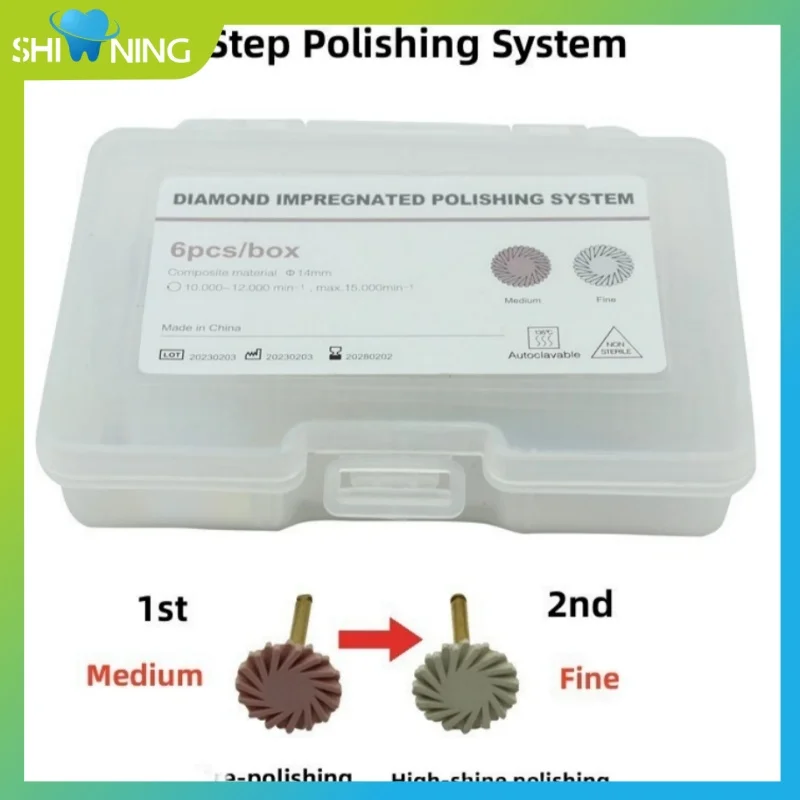 

6 шт./кор., комплект дисков для полировки стоматологической композитной смолы, щетки, боры, силикон с диском, 2 шага, полировка