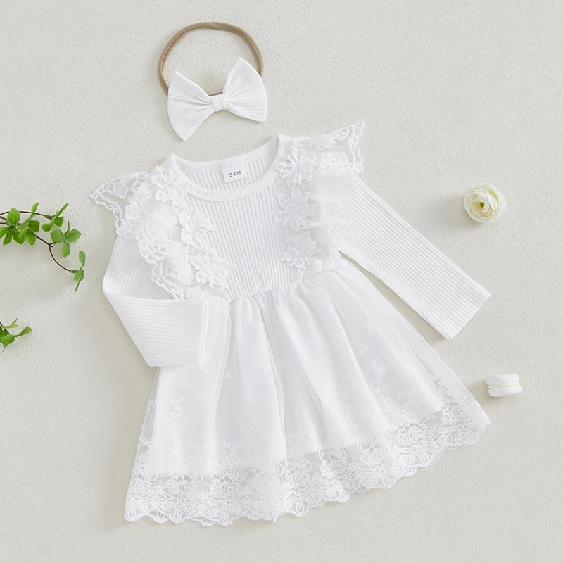 Peuter Baby Meisje 2-delige Outfit Met Lange Mouwen Kanten Patchwork Geribbelde Jurk Met Strik Hoofdband Voor De Lente Herfst