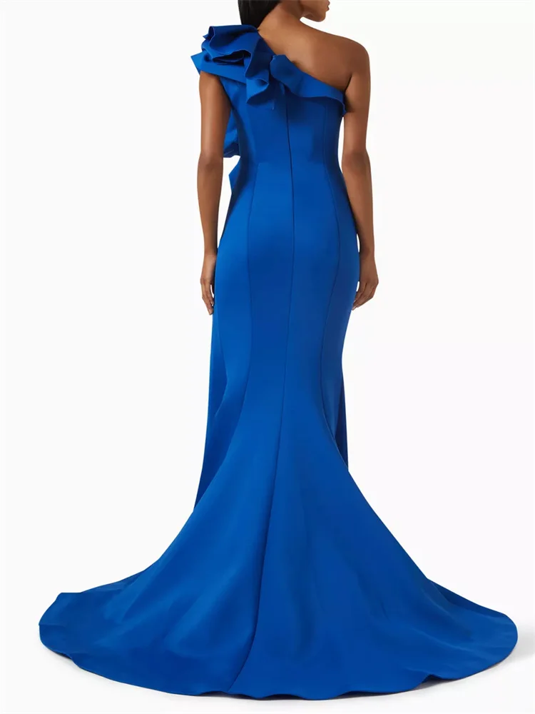 Customized One-shoulder Neckline Ruffled Mermaid Satin Evening Dress Sexy Back Zipper Floor Length Sweep Train Gown For Women