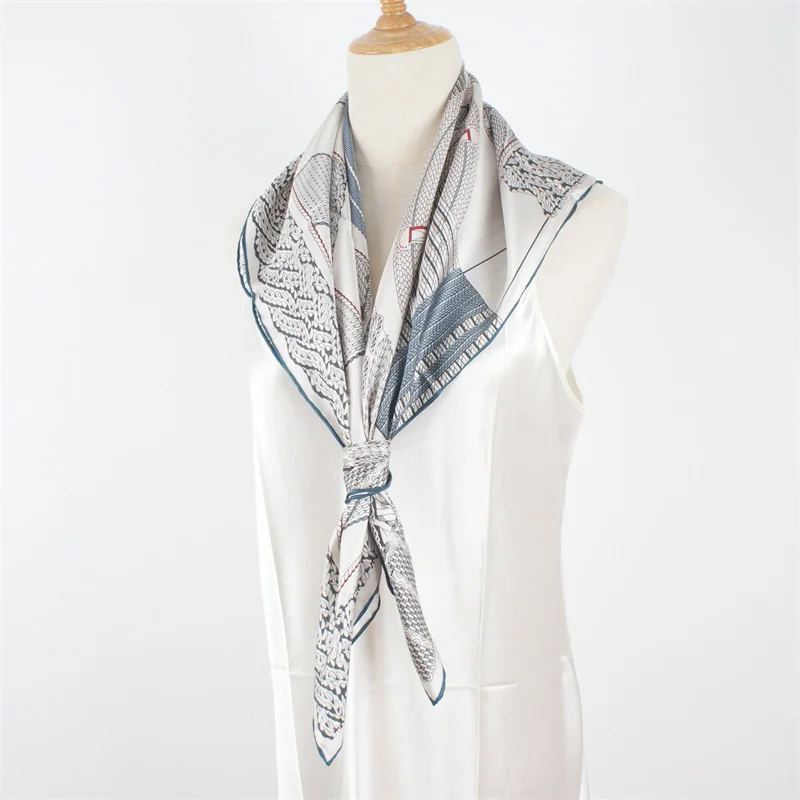 90 100% Silk Scarf Wraps Gray Printed Large Square Silk Head Scarves Hijab for Hair Wrapping for Women