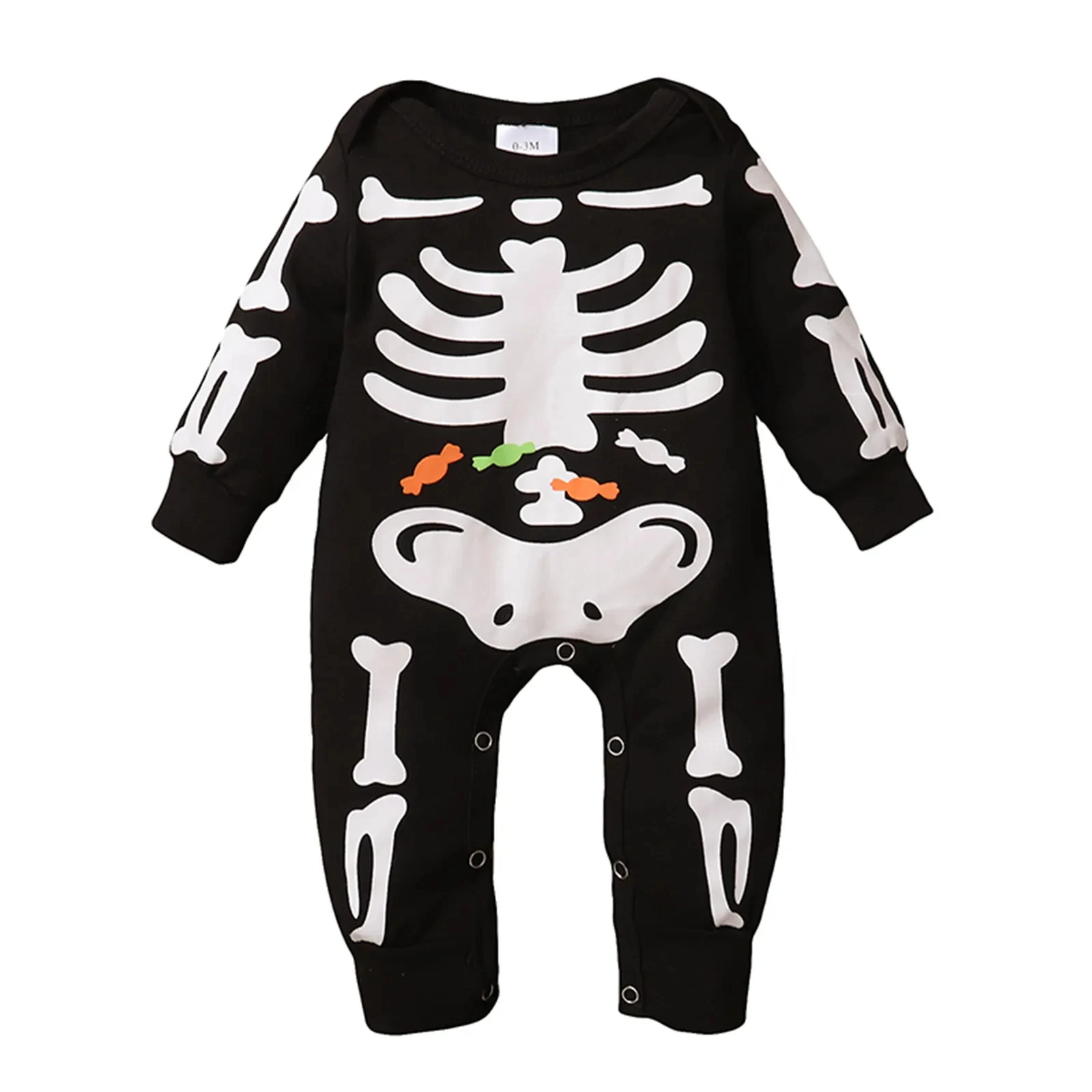 Newborn Baby Girls Boys Halloween Jumpsuit, Toddler Skeleton & Candy Print Long Sleeve Round Neck Romper